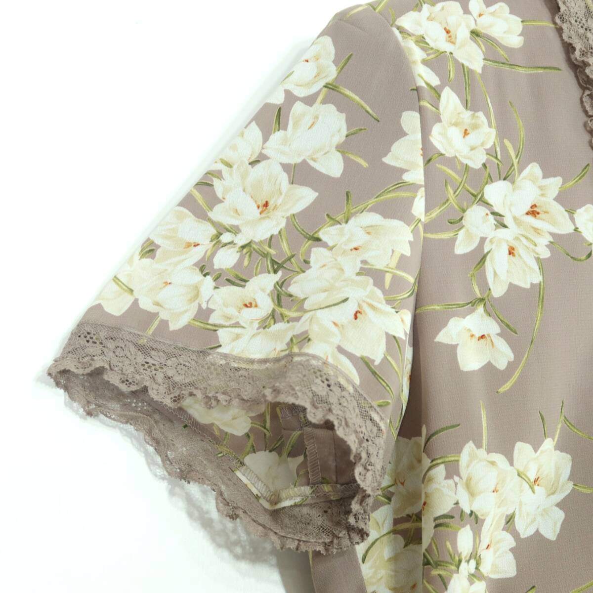 【美品】インゲボルグ★上品！レースフリル使い♪花柄ワンピース 半袖 薄茶系 残布有 薄手 ＊z20067