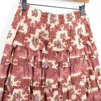 【レア極美品！】ピンクハウス★エキゾチックな薔薇ptが目を惹く♪ ドットチュールレースとかぶせ段々フリルスカート ボタン前開き 赤茶系 z21318