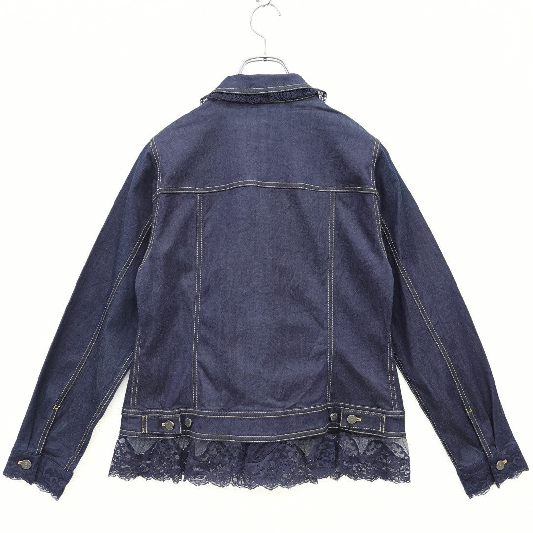 ピンクハウス★刺しゅう付チュールレース♪デニムジャケット 大きいサイズL ネイビー系 前開き 無地 z23348