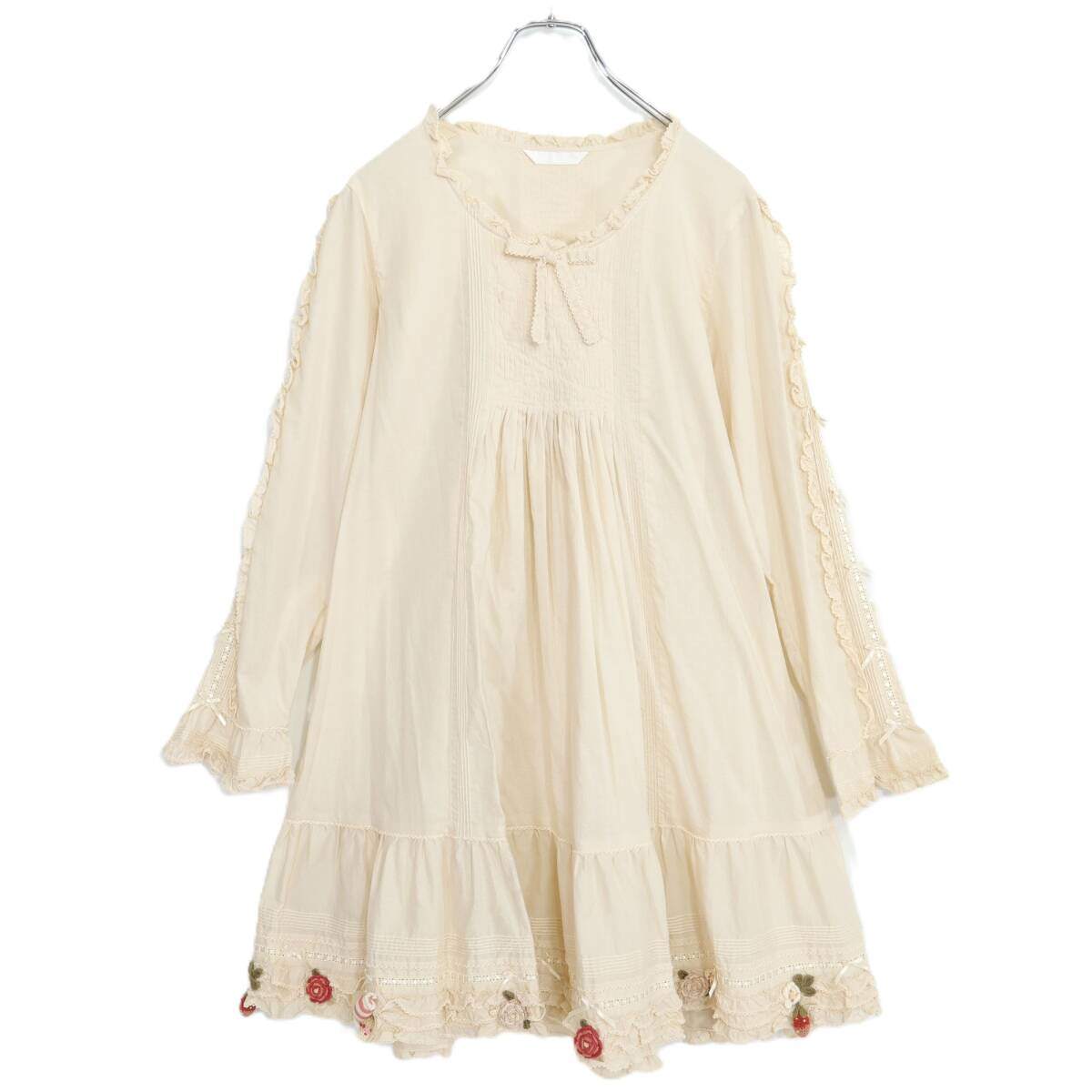 【美品】ピンクハウス★苺やキャンディーモチーフが可愛い♪綿ローン ピンタック チュニック ミニワンピース 生成り系 z21345