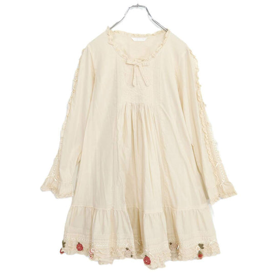 【美品】ピンクハウス★苺やキャンディーモチーフが可愛い♪綿ローン ピンタック チュニック ミニワンピース 生成り系 z21345