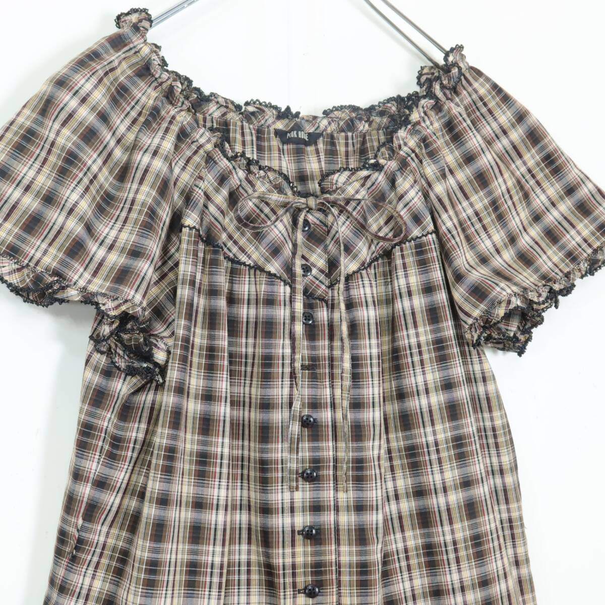 【美品】ピンクハウス★オリチェpt♪ローン チュニックブラウス 茶系 前開き フリル♪薄手 z19864