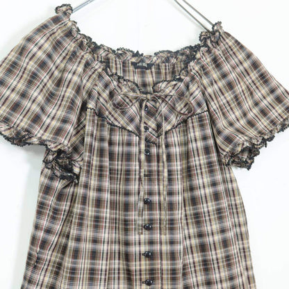 【美品】ピンクハウス★オリチェpt♪ローン チュニックブラウス 茶系 前開き フリル♪薄手 z19864