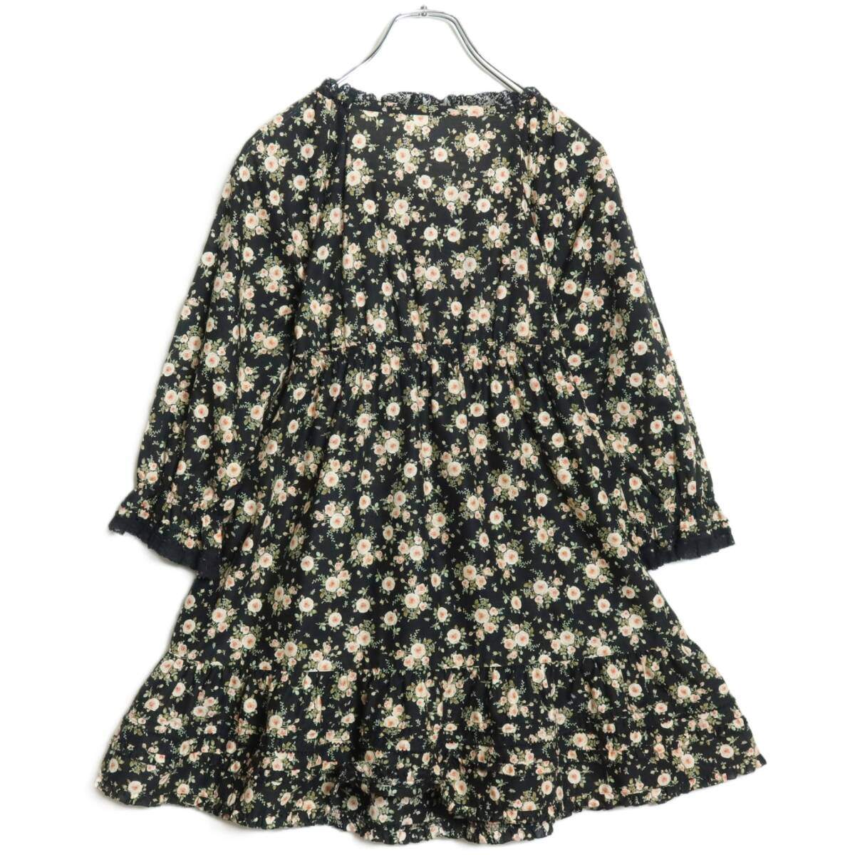 【美品】ピンクハウス★可愛い！ふんわりフリル　薔薇ptチュニックブラウス スクエアネック 黒系 ♪z.15690