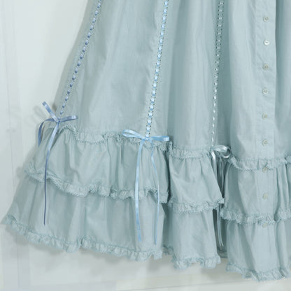 【極美品】ピンクハウス★配色リボンデコレーション♪ローンギャザースカート 水色系 前開き 裾かぶせ段々♪2024年 z22693