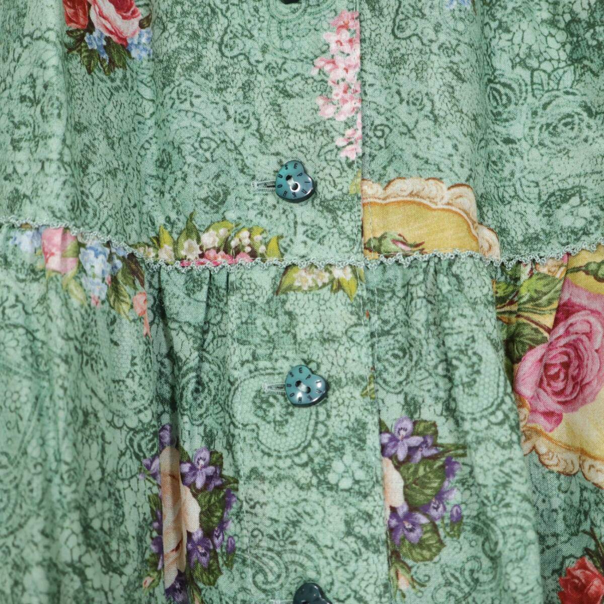 【美品！】ピンクハウス★勿忘草・薔薇・鈴蘭のブーケptが素敵♪ 刺繍付レース裾のレースフラワー柄ローンスカート グリーン系 z21370