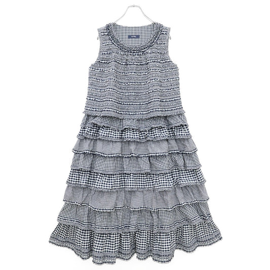 【美品】ピンクハウス★豪華！かぶせ段々&ギンガムpt♪阪神百貨店限定ワンピース 紺系 2024年製 z23273