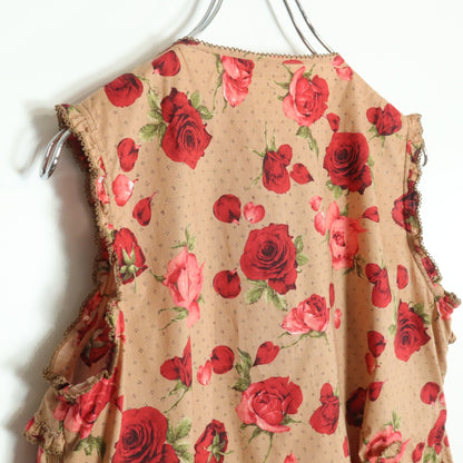 【美品】ピンクハウス★かぶせ段々フリルのローンブラウス 薔薇pt♪モカ系 前開き リボンも♪z18328
