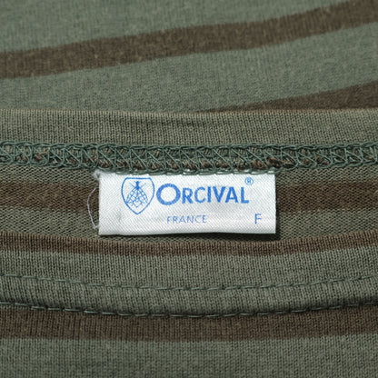 ORCIVAL オーシバル★おしゃれなボーダー柄♪ フレンチ袖フレアワンピース サイズF オリーブグリーン系 z22516