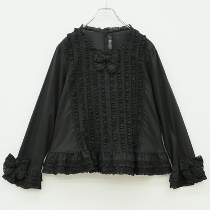 【極美品】ピンクハウス★たっぷりフリル&リボン使い♪長袖ローンブラウス 黒系 無地 薄手 z23293