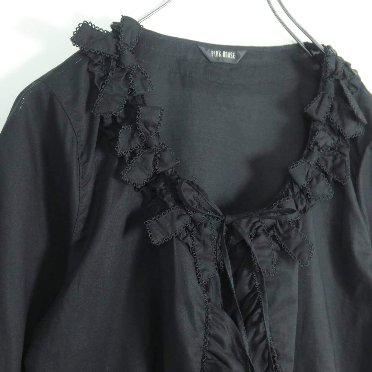 【美品】ピンクハウス★可愛い！フリル、リボンいっぱい♪オーバーブラウス はおりもの 黒系 段々フリル z19586