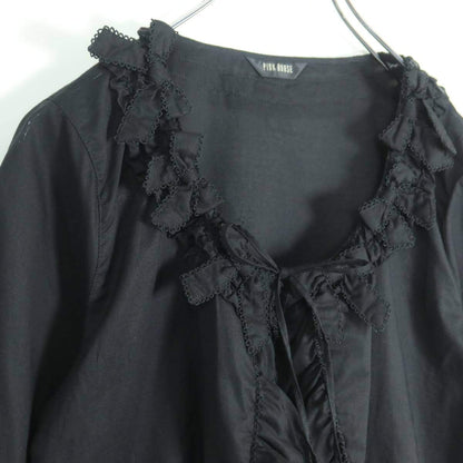 【美品】ピンクハウス★可愛い！フリル、リボンいっぱい♪オーバーブラウス はおりもの 黒系 段々フリル z19586