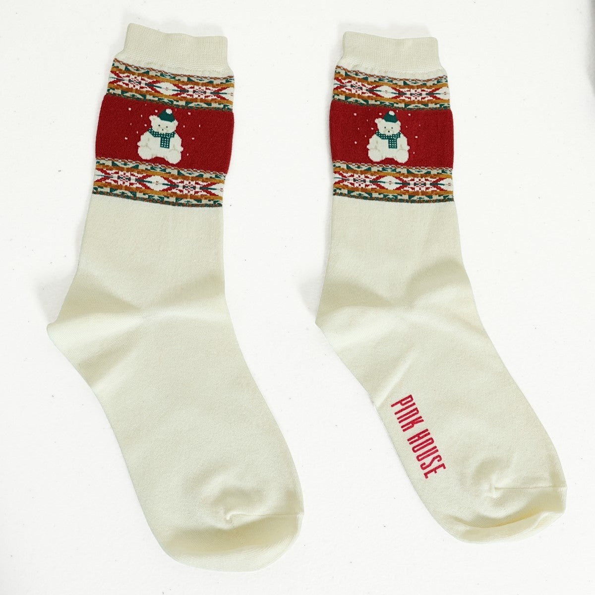 【美品】ピンクハウス★シロクマがキュートなクルーソックス  雪柄 靴下  ノルディック  アイボリー系 so366