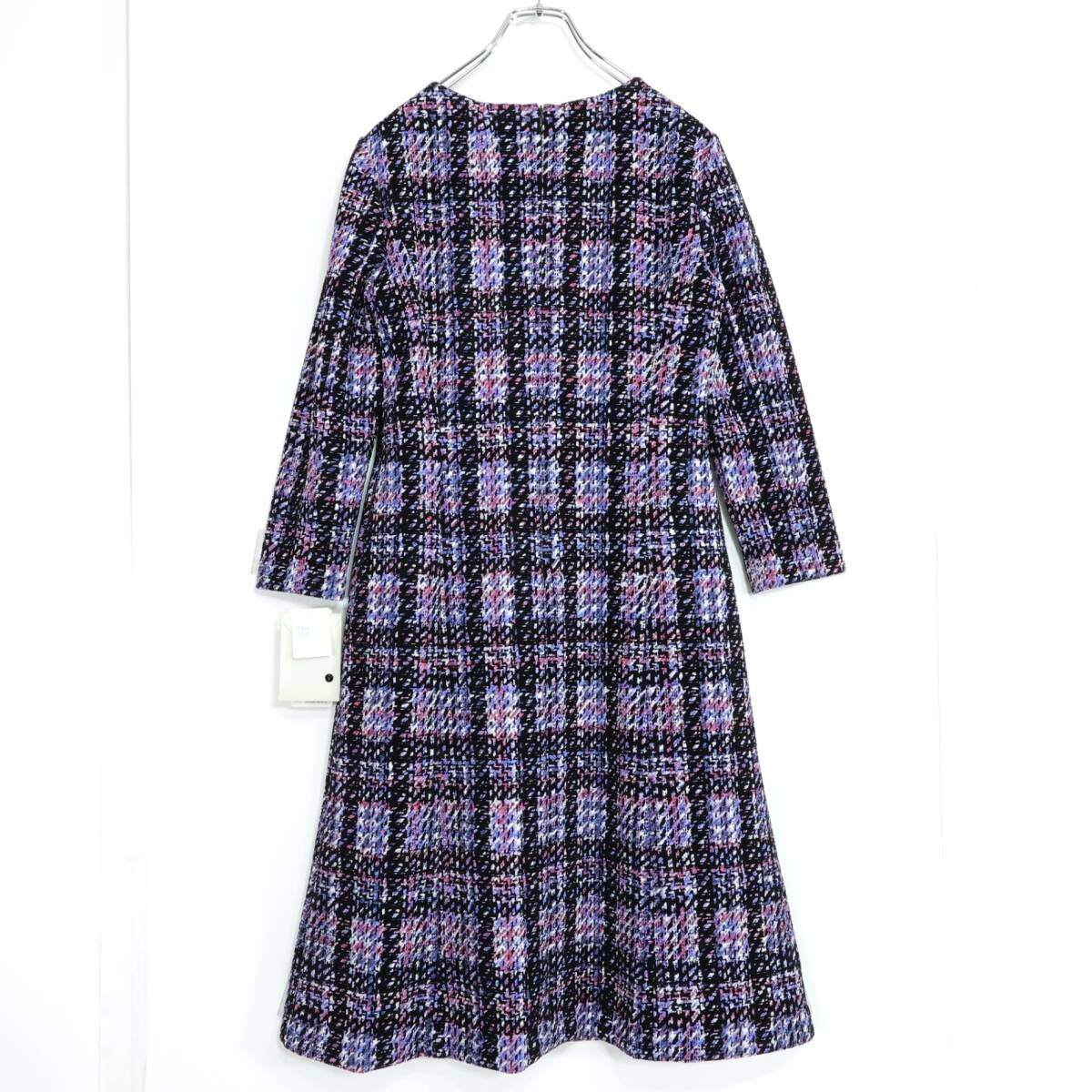 【新品タグ付】レリアン★上品！千鳥格子風チェック♪フロッキープリントワンピース サイズ11号 定価6.4万 黒×紫系 z21380