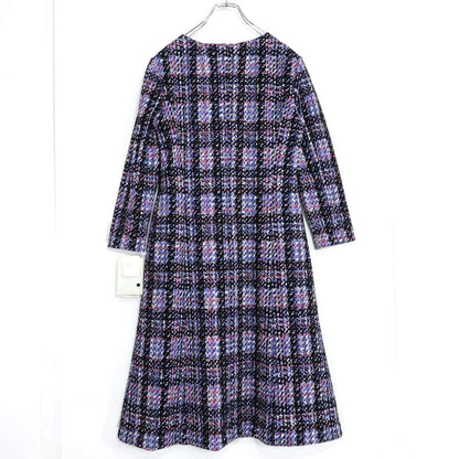 【新品タグ付】レリアン★上品！千鳥格子風チェック♪フロッキープリントワンピース サイズ11号 定価6.4万 黒×紫系 z21380
