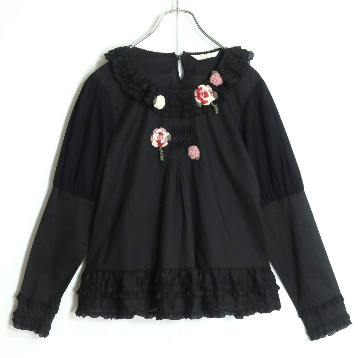 【美品】ピンクハウス★可愛いお花のモチーフが印象的！ドットチュールレース使い♪ブラウス 黒系 段々フリルも♪*z19271