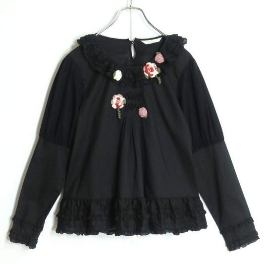【美品】ピンクハウス★可愛いお花のモチーフが印象的！ドットチュールレース使い♪ブラウス 黒系 段々フリルも♪*z19271