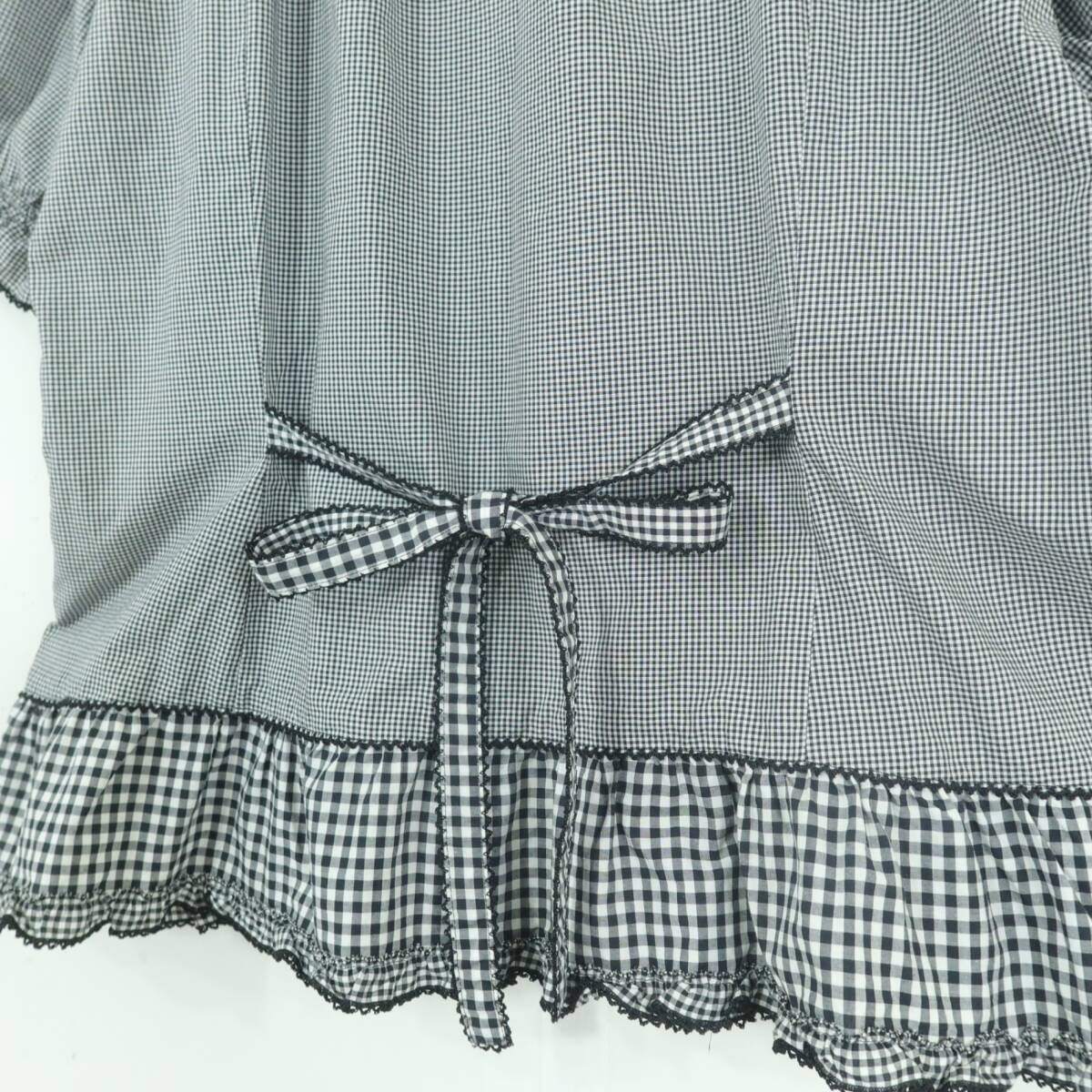 【極美品】ピンクハウス★ギンガムパッチワーク♪前開きローンブラウス 大きいサイズL 黒系 段々フリル&リボン♪z19567