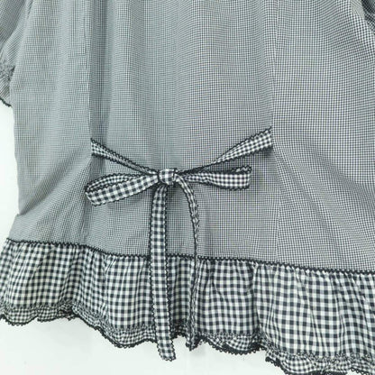 【極美品】ピンクハウス★ギンガムパッチワーク♪前開きローンブラウス 大きいサイズL 黒系 段々フリル&リボン♪z19567