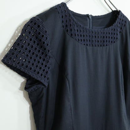 【極美品・紙タグ有】レリアン★カットワークレース使い♪大人上品なワンピース サイズ9号 紺系 残布有 z22711