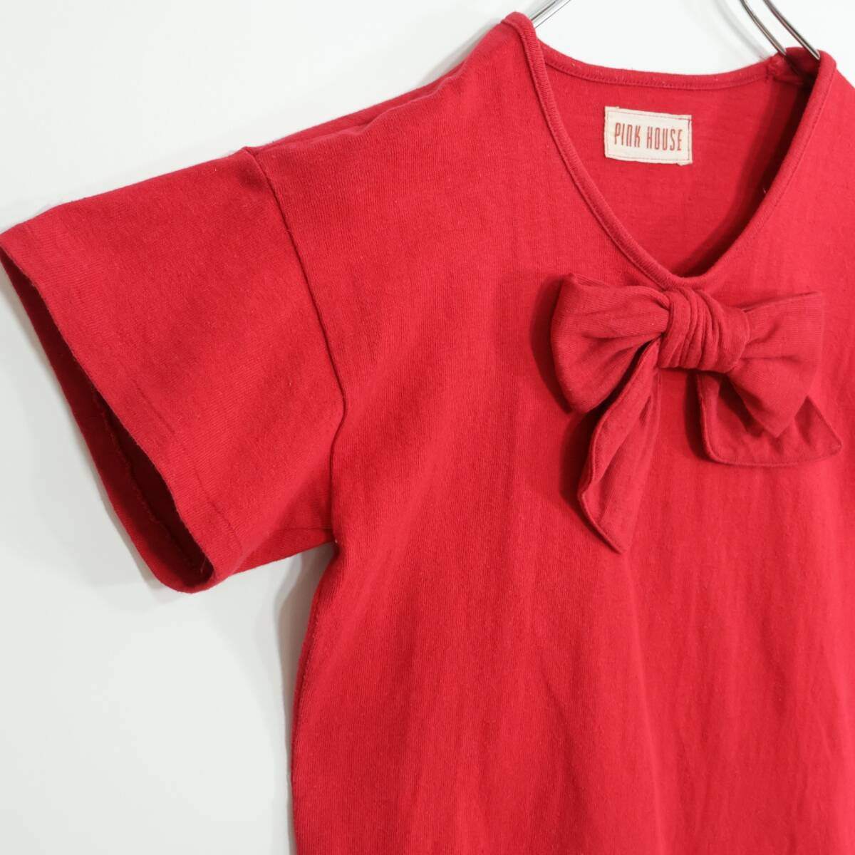 ピンクハウス★可愛い！ビックリボンが目を惹く♪取り外し可能 綿100% 半袖 カットソーTシャツ 赤系 ＊z21174
