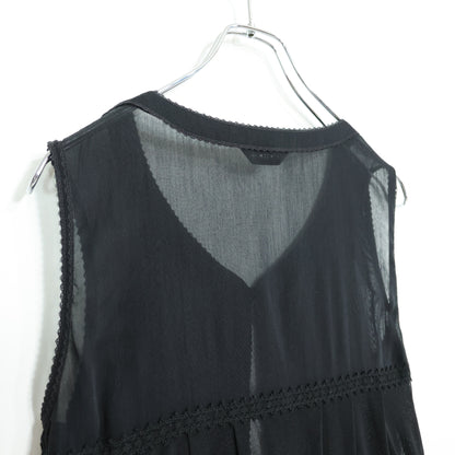 【美品】インゲボルグ★総チュールレース♪フリルたっぷりベスト はおりもの 黒系 前開き レース&お花モチーフ♪z22073