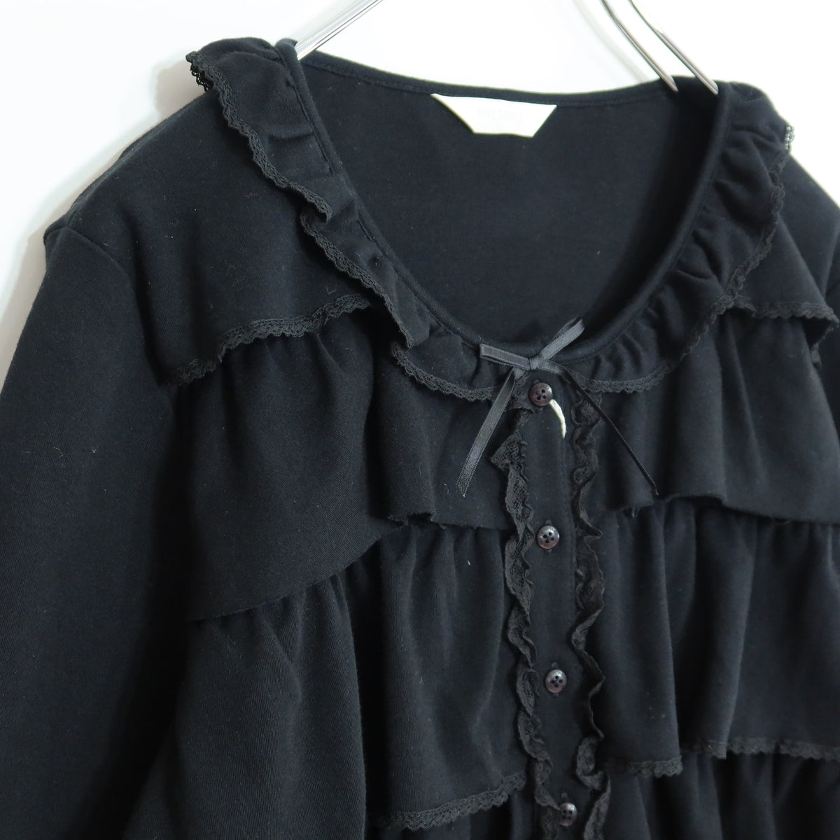 【美品】ピンクハウス★ティアードフリルカーディガン♪トップス ピコレース 綿100% 大きいサイズL 黒系 z19921