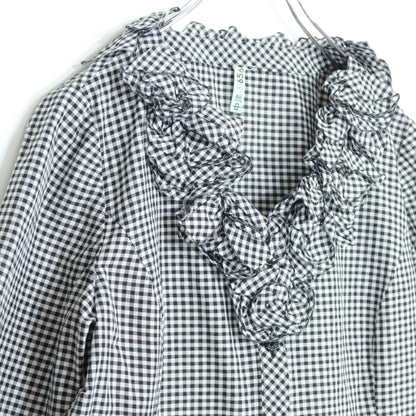 【美品】レリアン★モチーフ付き♪ギンガムチェックの上下セット 七分袖ブラウス&スカート サイズ9 黒×白系 裾フリル♪z20426