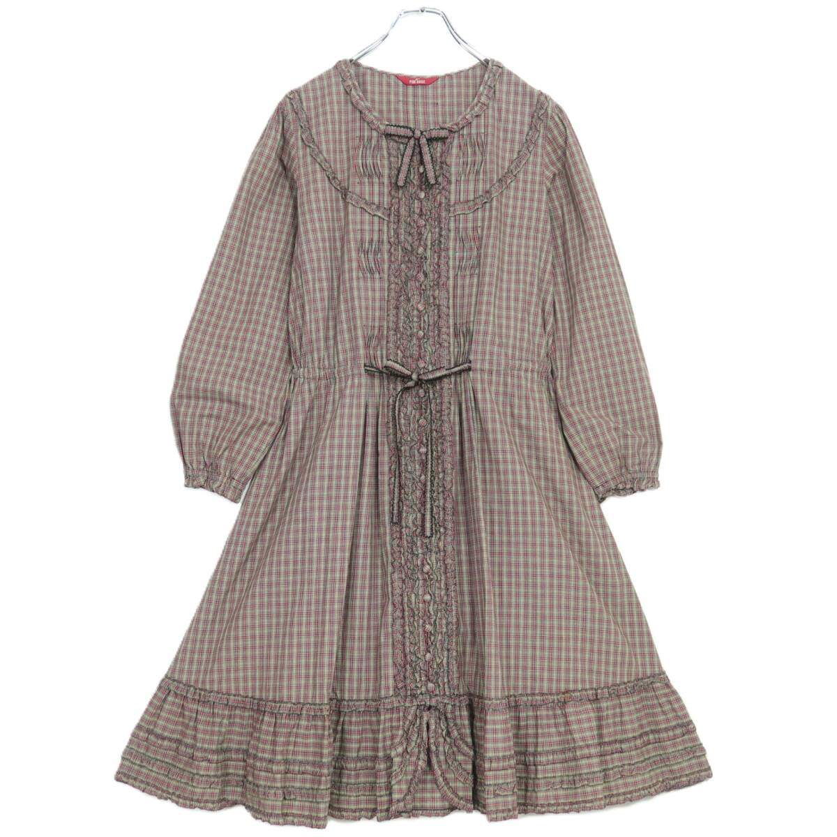 【美品】ピンクハウス★オリチェptフリル使い♪長袖ワンピース ブラウン系 前開き 薄手 z20249