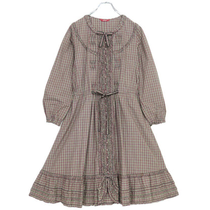 【美品】ピンクハウス★オリチェptフリル使い♪長袖ワンピース ブラウン系 前開き 薄手 z20249