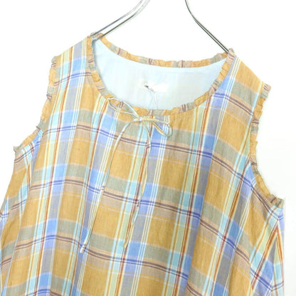 【極美品】ピンクハウス★たくし上げ&裾段々フリル♪オリチェptのリネンワンピース 黄褐色×青系 フリル♪残布有 z18000