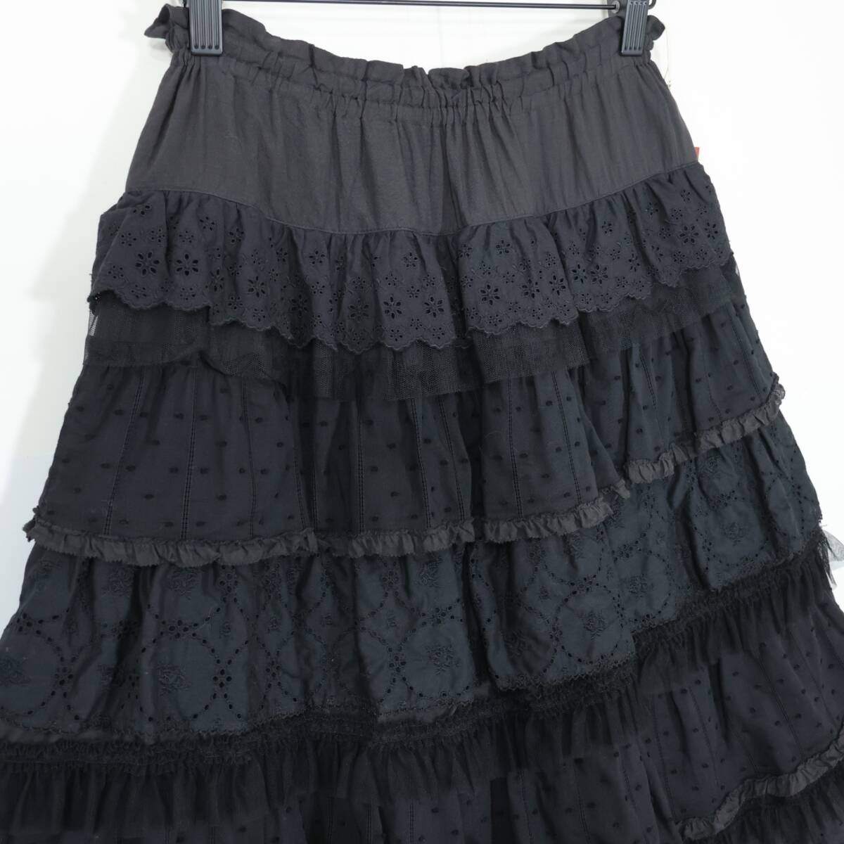【美品・紙タグ付】ピンクハウス★かぶせ段々フリル♪チュール×ドット柄♪ティアード スカート 黒系 z21339