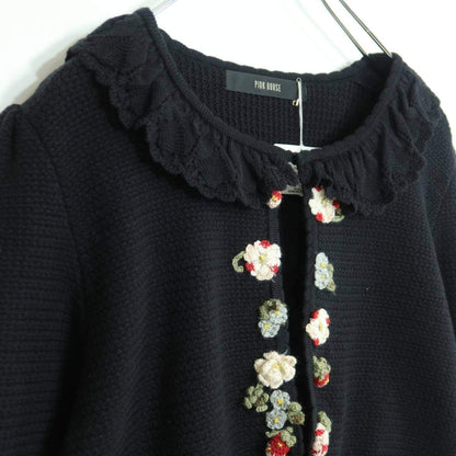 【極美品・紙タグ有】ピンクハウス★イチゴ&お花モチーフ♪長袖カーディガン はおりもの 黒系 レースも♪厚手 z19838