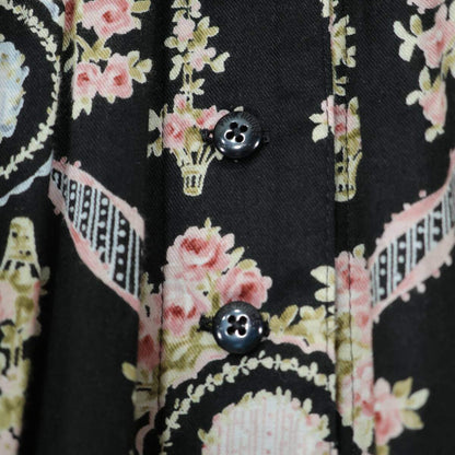 【美品】ピンクハウス★華やかなフラワーポットptが可愛い♪ふんわりティアードデザインスカート ボタン前開き 黒系 z21373