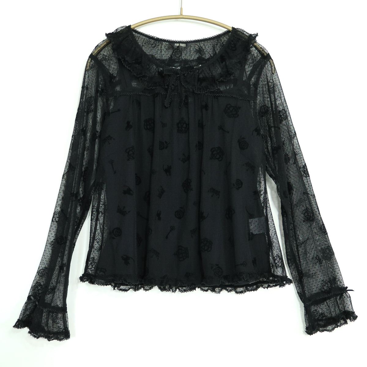 【レア美品】ピンクハウス★王冠&猫♪ドットチュールレースの長袖ブラウス 黒系 キャミ付 z22712
