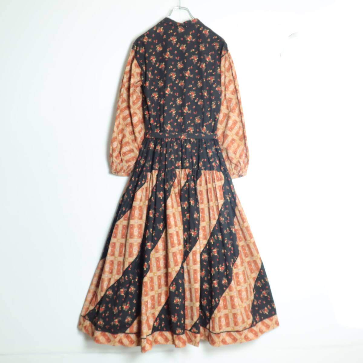 【レア美品】ピンクハウス★パッチワーク&はしごレース！小花柄ワンピース 黒×茶系 前開き 折りたたみピンタックも♪z17570