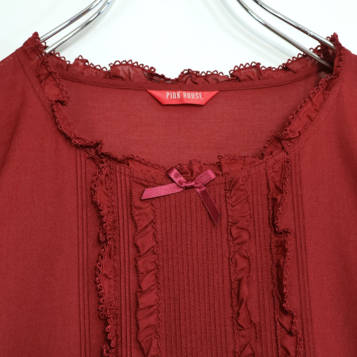 【美品】ピンクハウス★ふんわりフォルム♪華やかローンワンピース 赤系 裾段々&サテンリボン♪無地 z22171