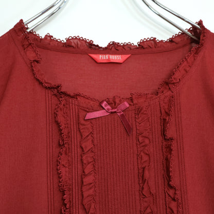 【美品】ピンクハウス★ふんわりフォルム♪華やかローンワンピース 赤系 裾段々&サテンリボン♪無地 z22171