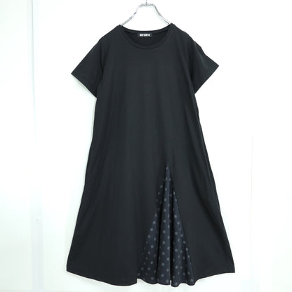 【美品】マリークワント★ロゴマークのパッチワーク♪カットソーワンピース 半袖 サイズM 黒系 薄手 z22728