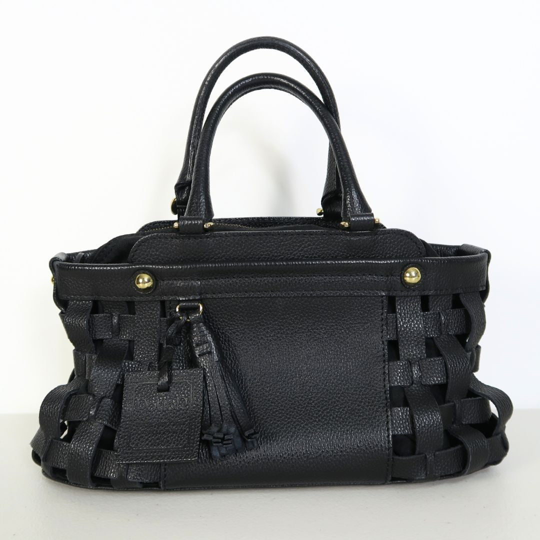 【美品】PotioR ポティオール★可愛い！サイドメッシュ ハンドバッグ 牛皮 レザー 黒系＊ba339