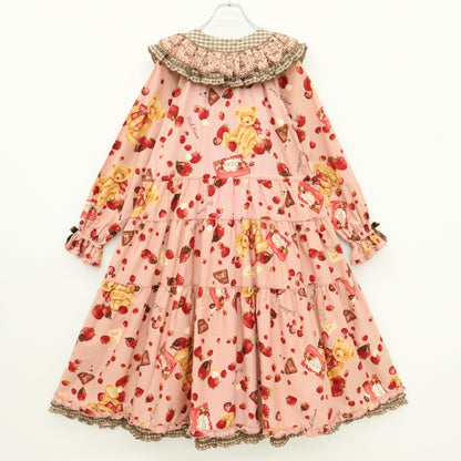 ピンクハウス★ストロベリーチョコベアpt♪ミディワンピース ピンク系 青木美沙子♪くま刺しゅう&オリチェ♪z23269