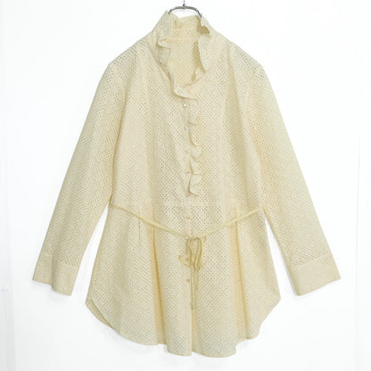【美品】 スチェッソ★カットワークレースが素敵♪ フリルチュニックブラウス ウエストリボン付き サイズ40 クリーム色系 z22235