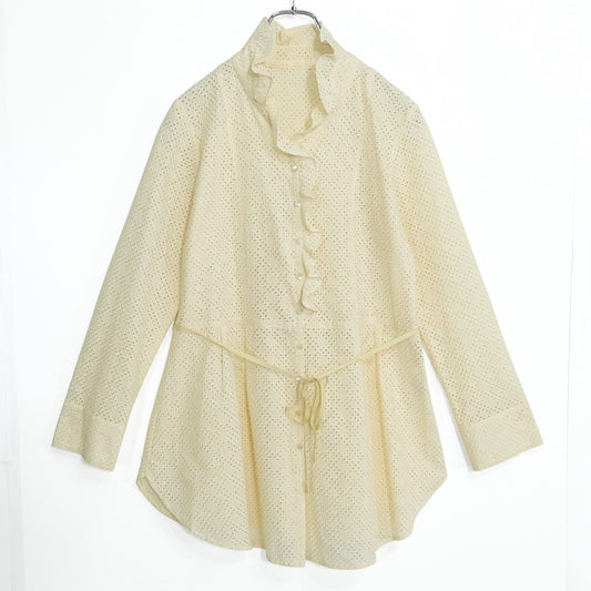 【美品】 スチェッソ★カットワークレースが素敵♪ フリルチュニックブラウス ウエストリボン付き サイズ40 クリーム色系 z22235