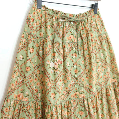 【美品】ピンクハウス★アンティーク調♪薔薇格子柄 ギャザースカート リボン＆レース使い ミントグリーン系＊z20034