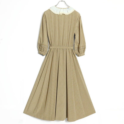 【美品】ピンクハウス★大人可愛い！ドット柄パフスリーブワンピース レトロ レース衿デザイン 薄ブラウン系 z15619