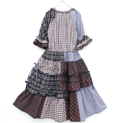 【美品】ピンクハウス★タータンチェックパッチワークワンピース 半袖 紺系ミックス 前開き フリル &リボン♪2025年製 z23387