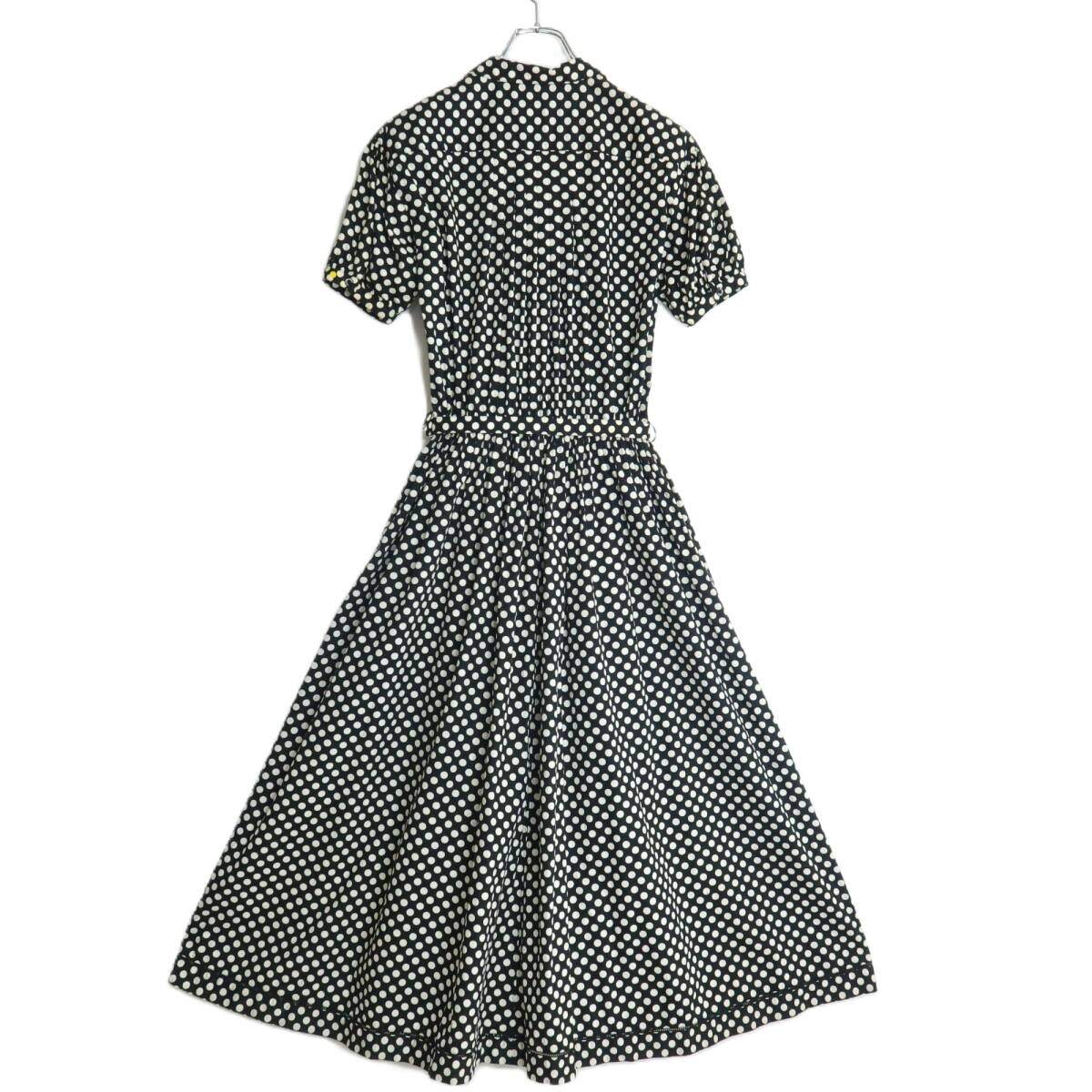 PINK HOUSE ピンクハウス★上品なドット柄♪半袖ワンピース タック入り オープンカラー フレアシルエット 薄手黒系 ＊z19402