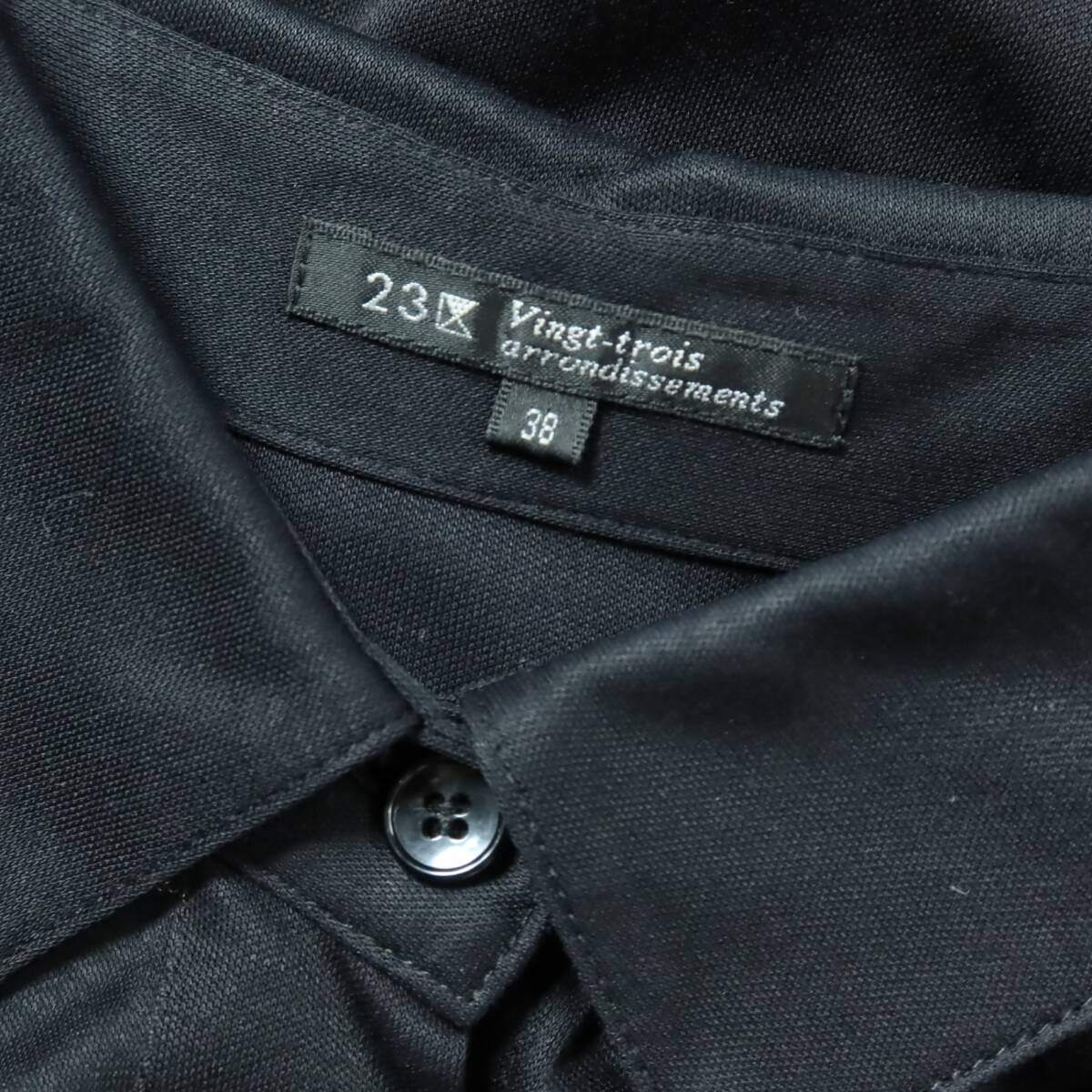 【美品】23区★上品な印象♪ フレンチ袖シャツワンピース ドレープ感 サイズ38 黒系 ＊z18388