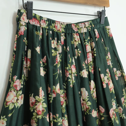 【美品】インゲボルグ★薔薇pt♪タック使いギャザースカート モスグリーン系 光沢あり♪薄手 z21478
