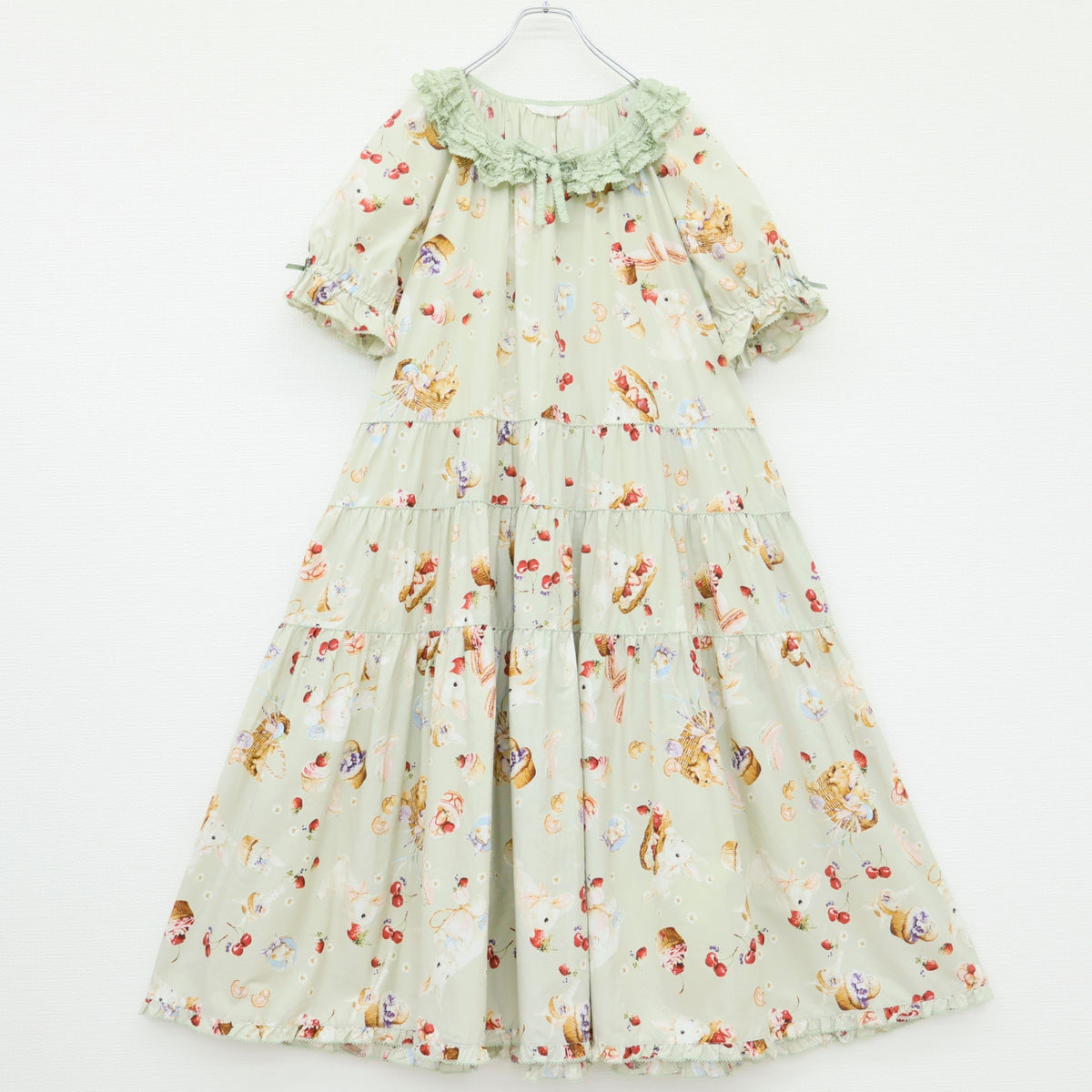 【美品】ピンクハウス★スイーツスプリングバニーpt♪半袖ミディワンピース ハッカ系 段々フリル&サテンリボン 2025年製 z23386